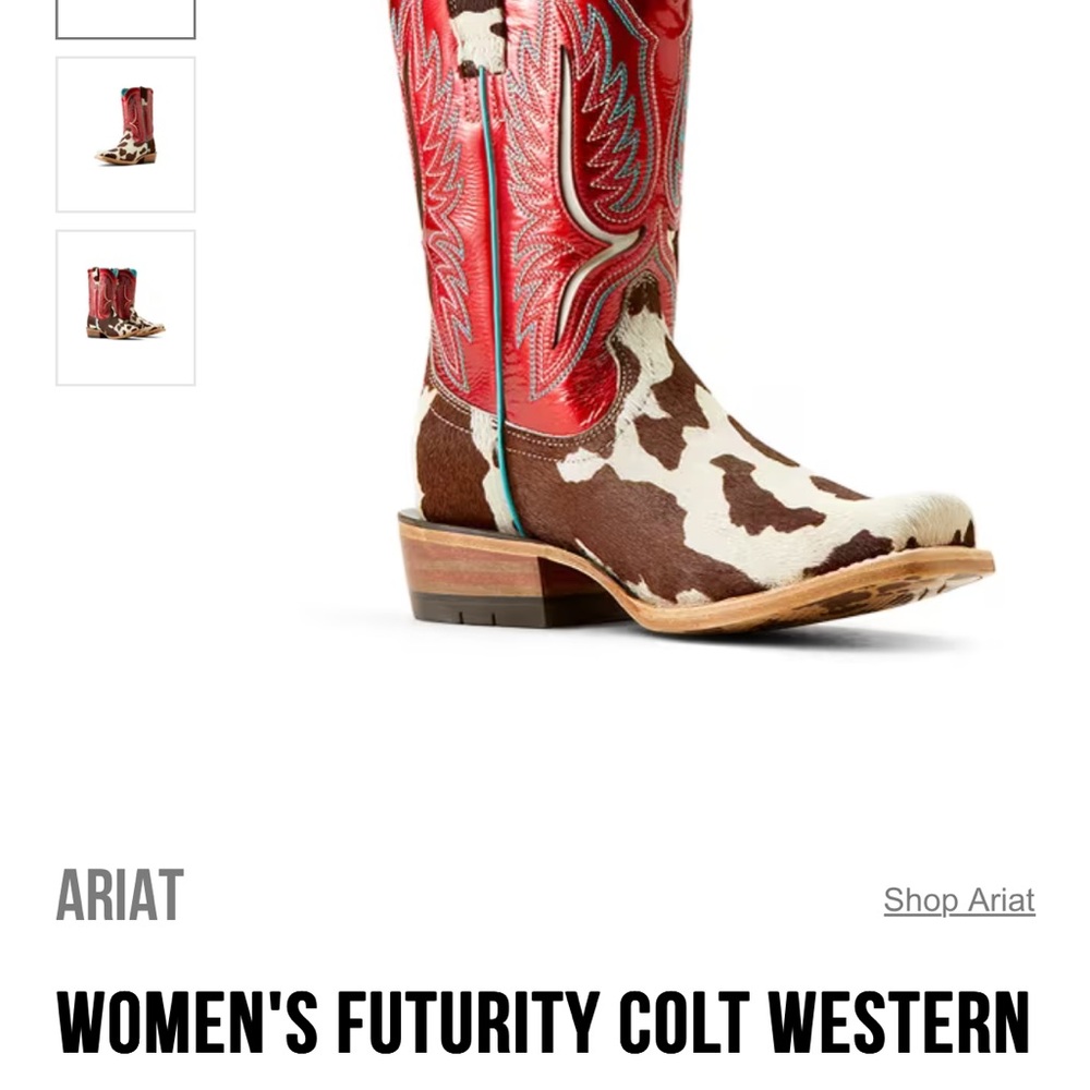 Ariat Brown and White Cowhide Leather Heeled Boots with Turquoise Lining - Picture 3 of 14